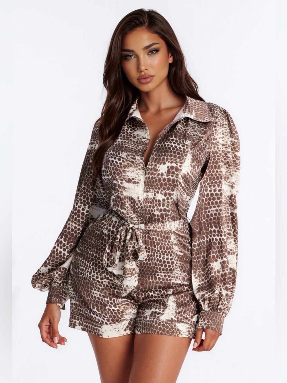 Women’s Brown Snake-Print Satin Romper with Tie Waist
